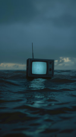 Vintage television floating on a dark ocean at duskの素材