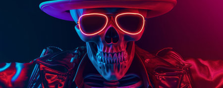 Neon-lit skull wearing sunglasses and leather jacketの素材