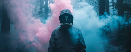 Person in gas mask standing in a misty forest with pink smokeの素材