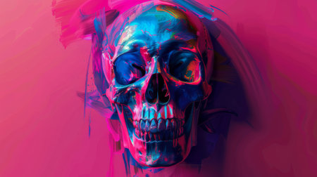 Colorful digital painting of a human skull on a vibrant pink backgroundの素材