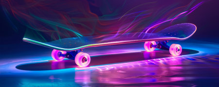 Skateboard with neon lights on reflective surfaceの素材