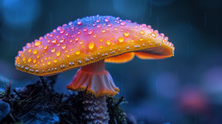 Vibrant orange mushroom with water droplets in a rainy forestの素材
