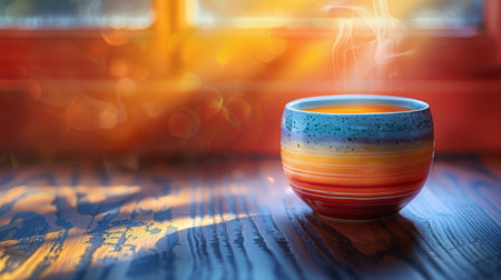Steaming ceramic mug on a wooden table with warm sunlightの素材