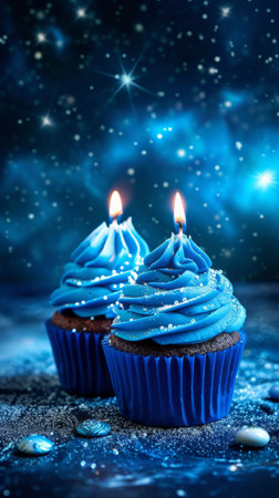 Two blue cupcakes with lit candles in a magical starry night settingの素材