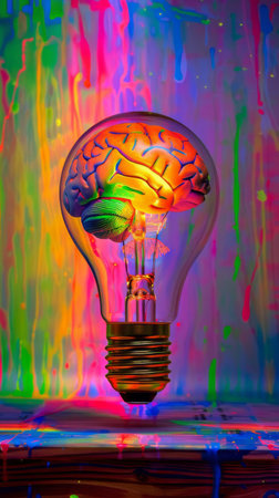 Colorful light bulb with brain model and dripping paintの素材