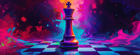Vibrant king chess piece on a psychedelic colorful backgroundの素材