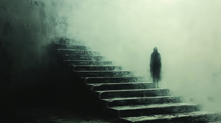 Silhouette of a person standing on foggy stairsの素材