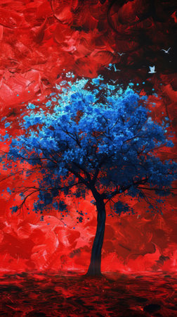 Surreal blue tree in a vibrant red abstract landscapeの素材