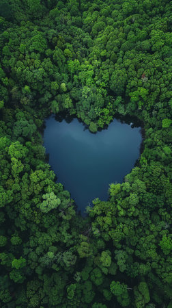 Aerial view of a heart-shaped lake surrounded by dense green forestの素材