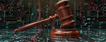 Wooden gavel on futuristic digital circuit boardの素材