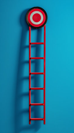 Red ladder with target on a bright blue wall, minimalistic conceptの素材