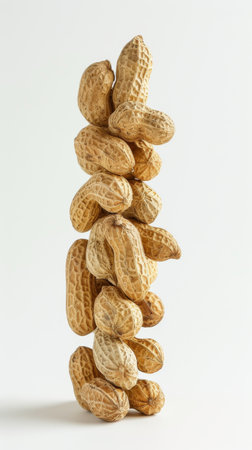 Stack of unshelled peanuts on white background, close-up. Minimalist food conceptの素材