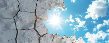 Sunlight shining through a broken wall with blue sky and clouds, inspirational conceptの素材