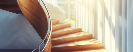 Elegant wooden spiral staircase in modern sunlight-filled interior. Contemporary architecture and design conceptの素材
