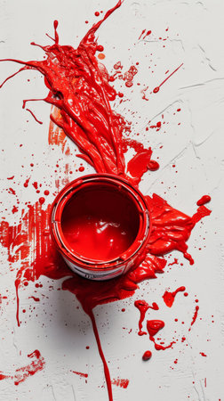 Open paint can with spilled red paint on a textured white surface. Art and creative conceptの素材