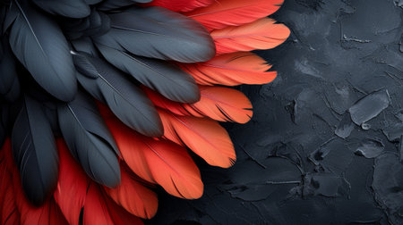 Red and black feathers on dark textured surface, abstract background. Nature and art conceptの素材