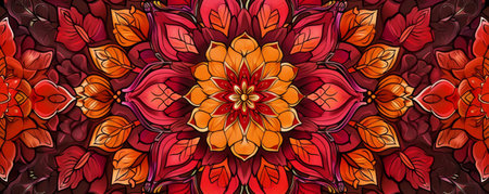 Intricate mandala pattern with vibrant red and orange hues, symmetrical floral design. Artistic and decorative conceptの素材