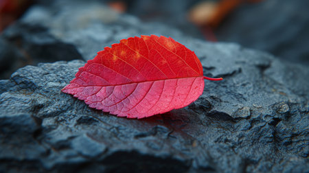 Red autumn leaf on wet stone surface in close-up, natural beauty and detailed texture. Seasonal change and nature conceptの素材