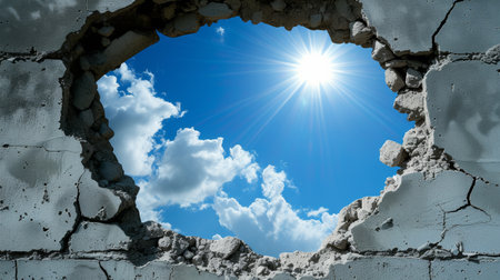 Hole in concrete wall with view of blue sky and sun rays, hope and freedom conceptの素材