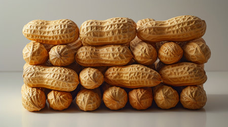 Close-up of stack of unshelled peanuts on white surface, healthy food conceptの素材