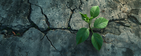 A single green plant growing out of cracked concrete, under sunlight. Resilience and nature conceptの素材