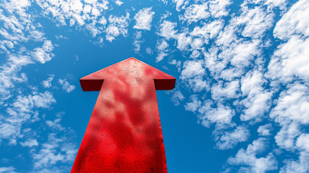 Red arrow pointing up against blue sky with white cloudsの素材