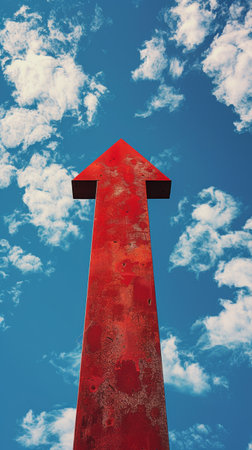 Rusty red arrow pointing upwards with cloudy blue sky, directional conceptの素材