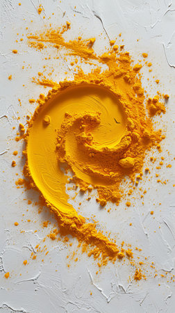 Swirl of yellow powder on textured white background, creative abstract art conceptの素材