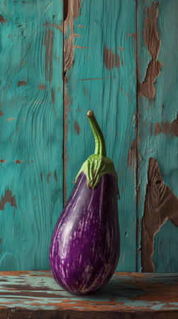 Purple eggplant against rustic turquoise wooden background, close-up. Farm-to-table food conceptの素材