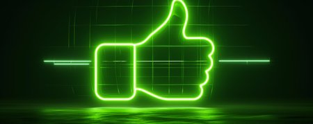 Neon green thumbs up sign with futuristic grid background, digital approval conceptの素材