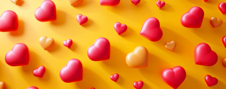 Red and orange heart shapes on yellow background, 3d rendering. Valentines day and love conceptの素材