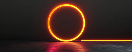 Glowing neon circle on dark concrete floor indicating a path. Futuristic abstract conceptの素材