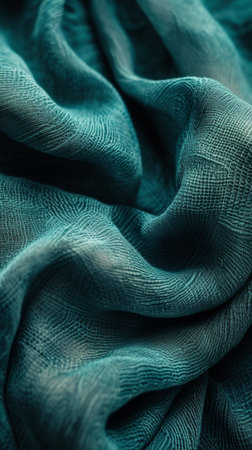 Close-up of teal fabric folds with textured pattern. Textile and material detail conceptの素材