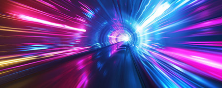 Futuristic tunnel with neon lights, dynamic motion blur. Sci-fi conceptの素材