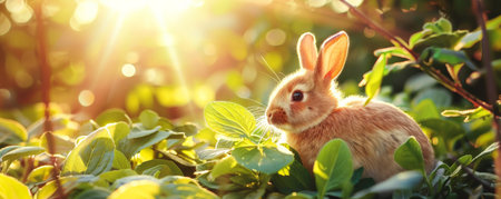 Adorable rabbit in lush green foliage at sunrise, wildlife and nature conceptの素材