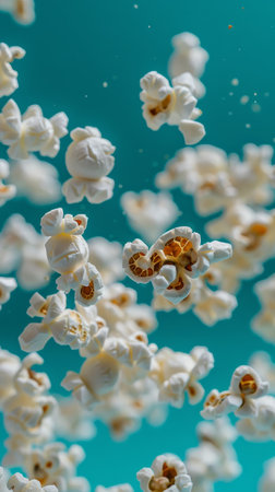 Popped popcorn kernels floating mid-air with a teal background, macro close-up. Food and snack conceptの素材