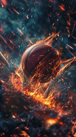 Flaming basketball in dynamic action scene with sparks and smoke, intense sports conceptの素材