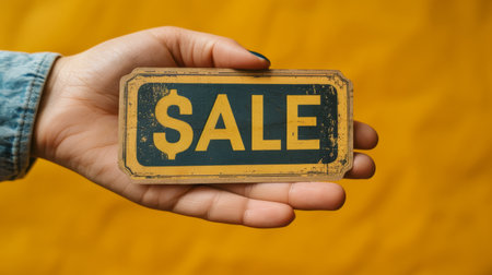 Hand holding a vintage sale sign on a yellow background. Advertising and marketing concept.の素材