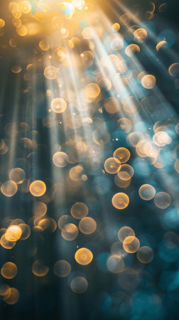 Bokeh lights with sun rays, abstract background. Peaceful and dreamy conceptの素材