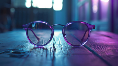 Purple eyeglasses with round frames on a wooden table, bokeh background. Retro and vintage fashion conceptの素材