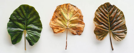 Three leaves in various stages of aging on white background, nature and life cycle conceptの素材