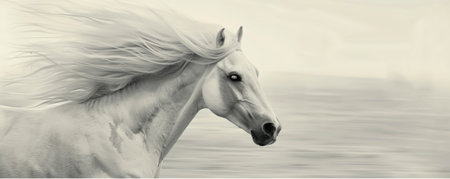 White horse running on the beach, monochrome artistic shot. Equine elegance and freedom conceptの素材