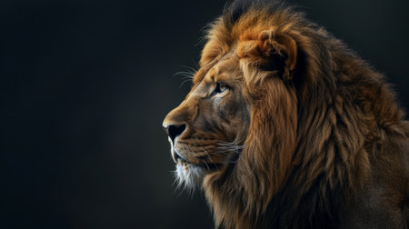 Majestic lion portrait in profile with dark background, wildlife photography conceptの素材