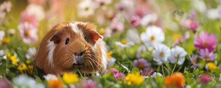 Guinea pig in a colorful flower field, nature and tranquility conceptの素材