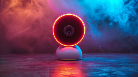 Modern smart camera with neon glowing lights on smoky background, futuristic technology conceptの素材