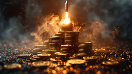 Rocket launching from stacks of golden coins, financial growth conceptの素材