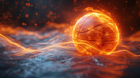 Glowing basketball on abstract digital wavesの素材