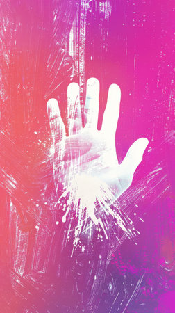 Hand print on vibrant pink and orange abstract background, artistic expression conceptの素材