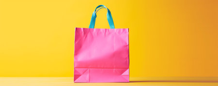 Pink shopping bag with blue handles on yellow backgroundの素材