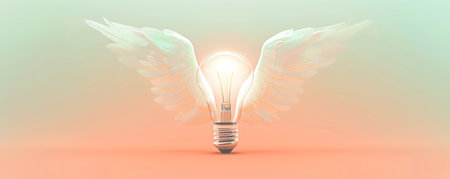 Light bulb with angel wings on a pastel gradient background, inspirational and creative conceptの素材